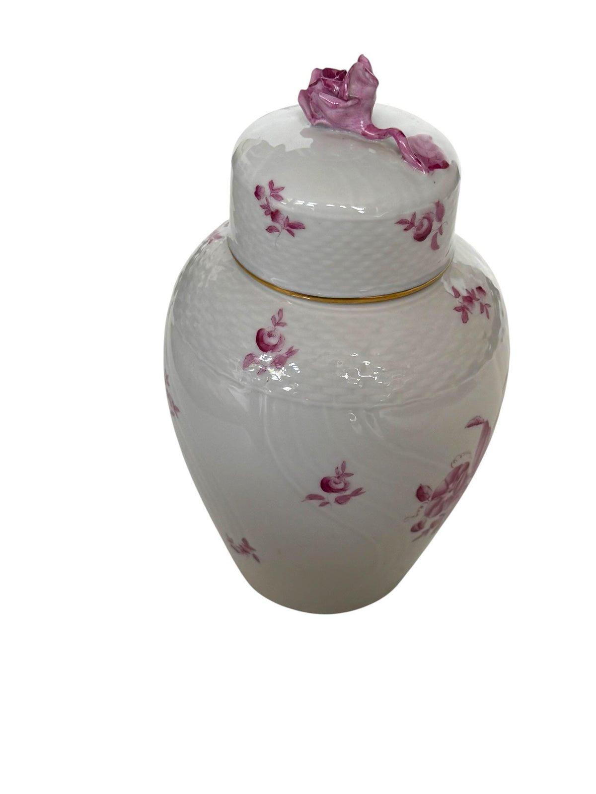 Herend Hungary Porcelain Ginger Jar, Pink Floral Decor, Rose Finial, Lidded Vase, 22 cm