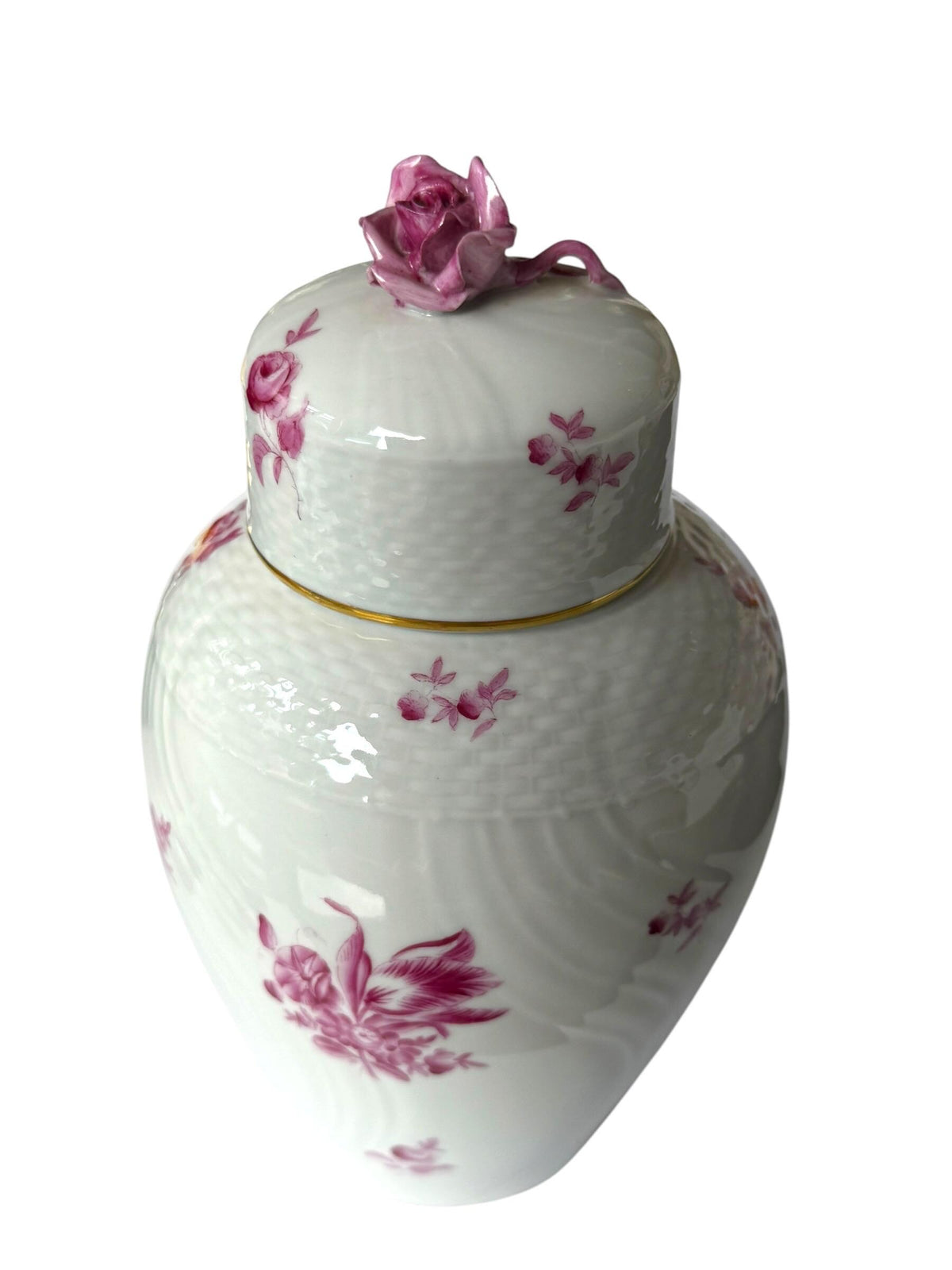 Herend Hungary Porcelain Ginger Jar, Pink Floral Decor, Rose Finial, Lidded Vase, 22 cm