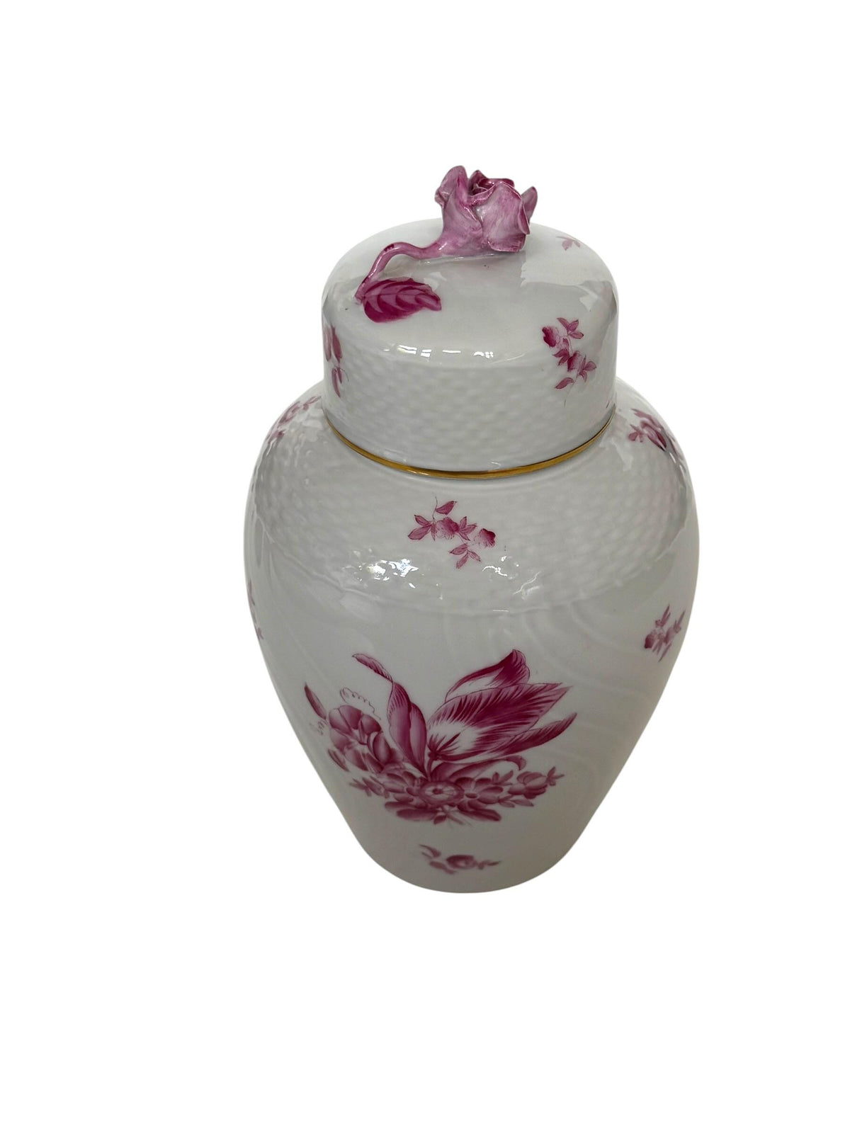 Herend Hungary Porcelain Ginger Jar, Pink Floral Decor, Rose Finial, Lidded Vase, 22 cm