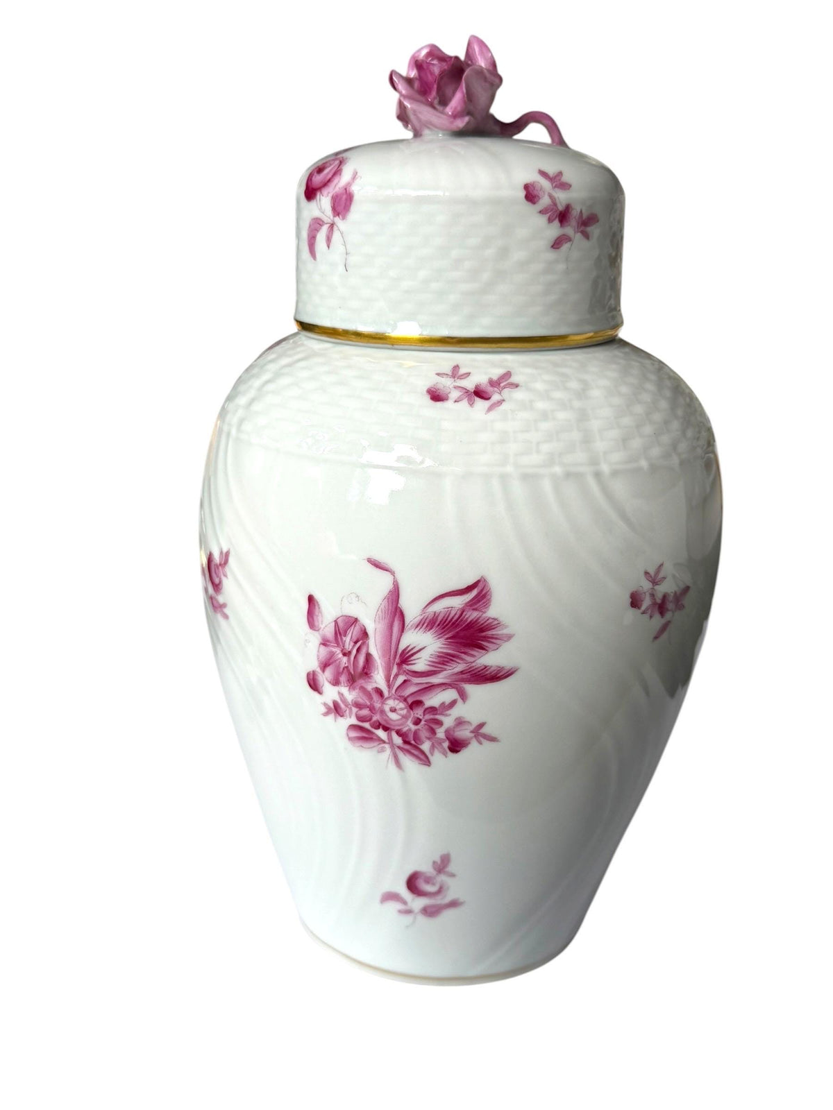 Herend Hungary Porcelain Ginger Jar, Pink Floral Decor, Rose Finial, Lidded Vase, 22 cm