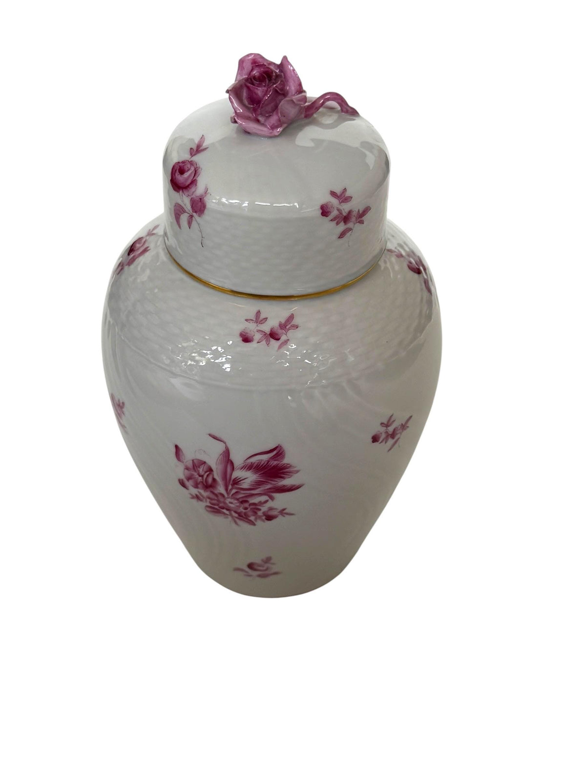 Herend Hungary Porcelain Ginger Jar, Pink Floral Decor, Rose Finial, Lidded Vase, 22 cm