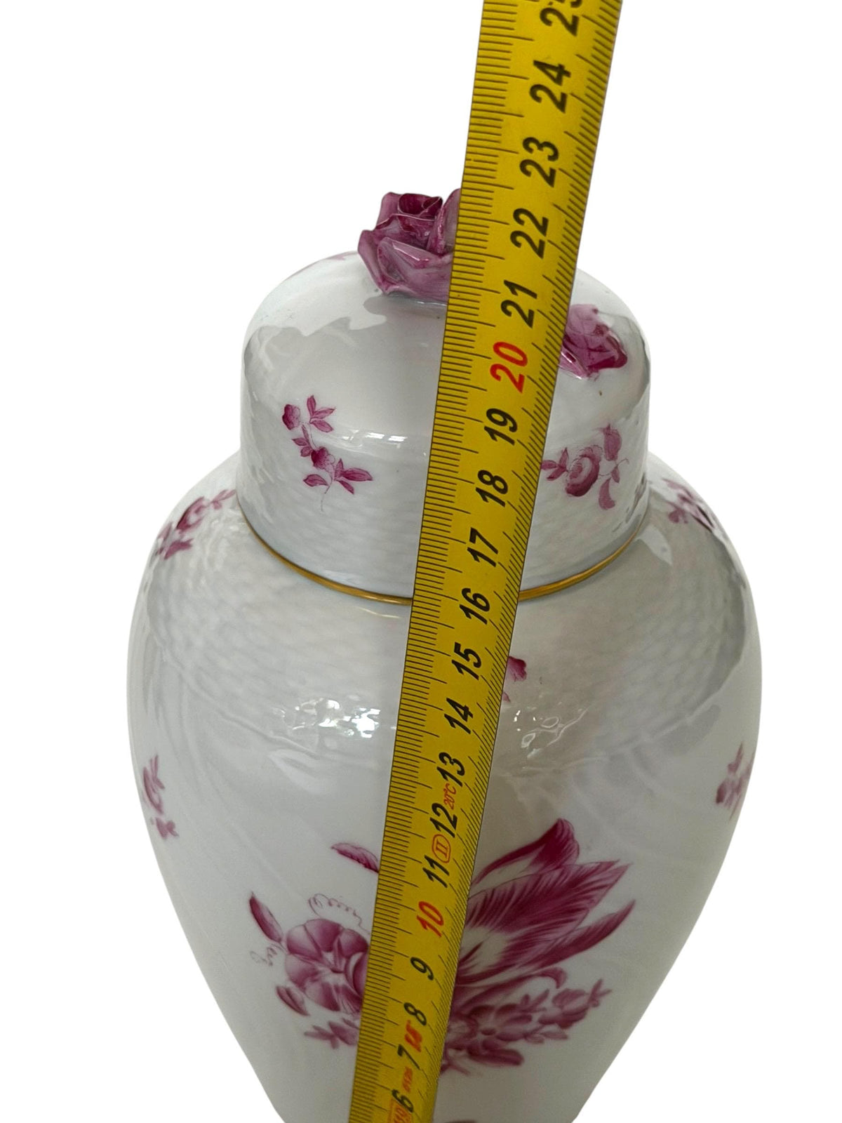 Herend Hungary Porcelain Ginger Jar, Pink Floral Decor, Rose Finial, Lidded Vase, 22 cm