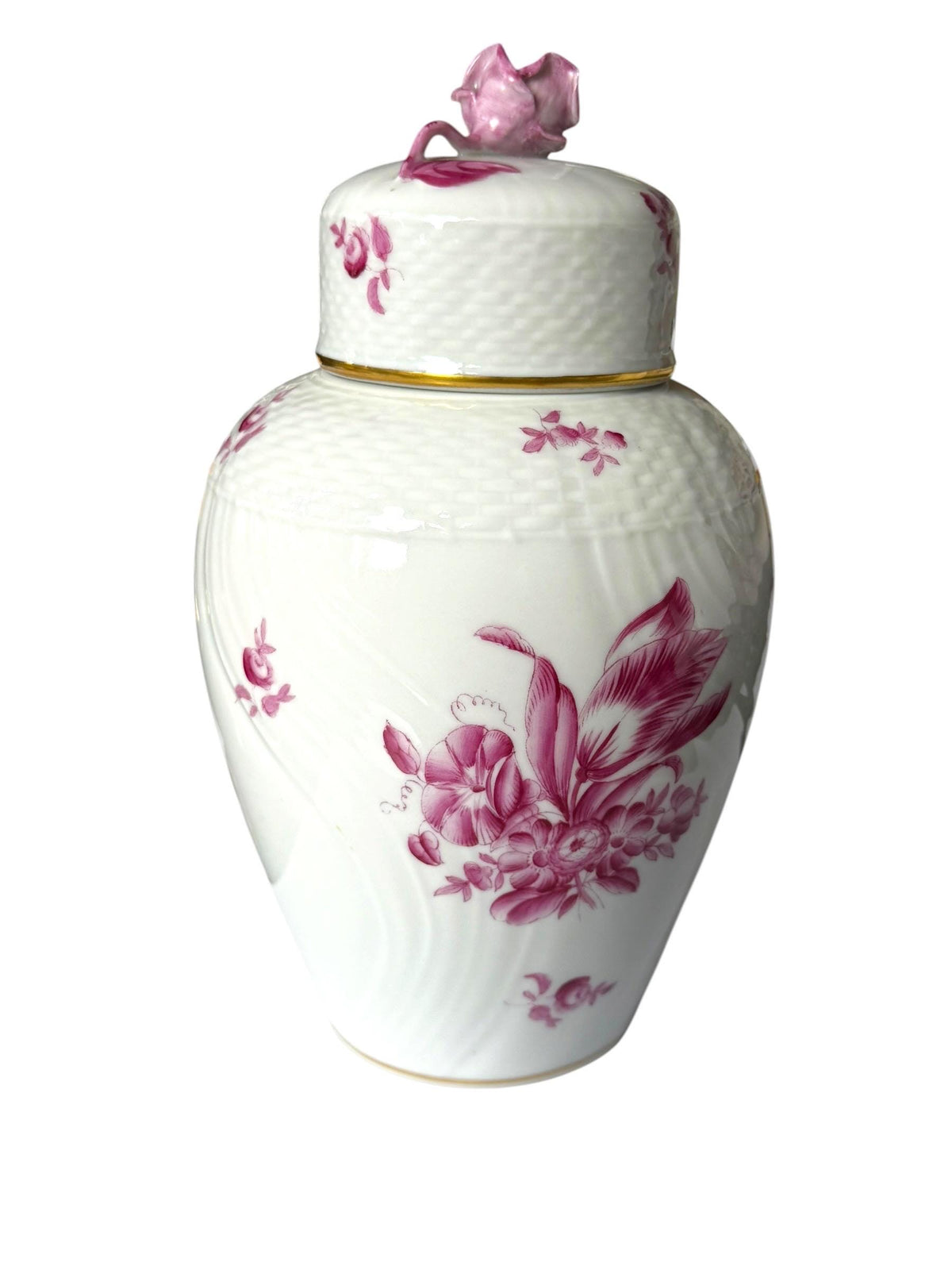 Herend Hungary Porcelain Ginger Jar, Pink Floral Decor, Rose Finial, Lidded Vase, 22 cm