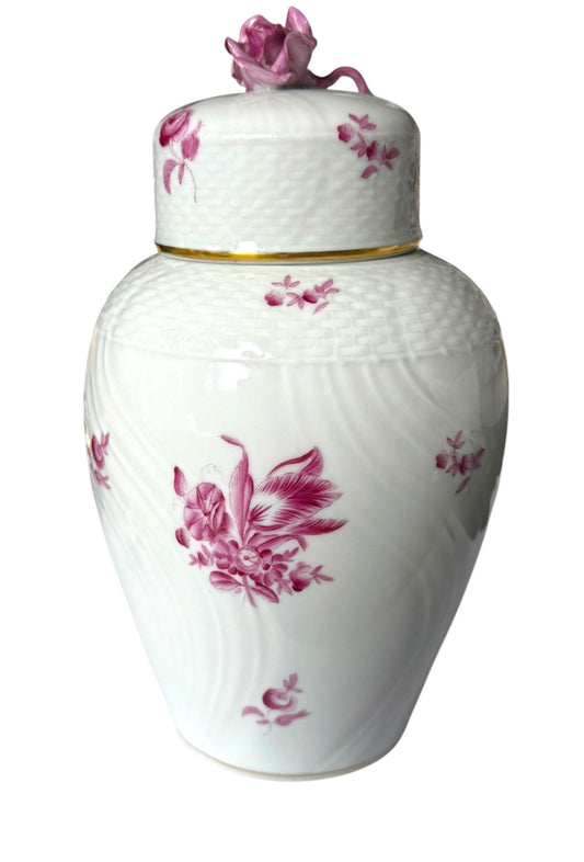 Herend Hungary Porcelain Ginger Jar, Pink Floral Decor, Rose Finial, Lidded Vase, 22 cm