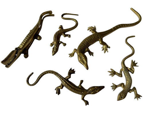 Vintage Gecko Lizard Salamander Figures – Set of 5 bronze / brass / copper display figurines - largest 21 cm - collector collectable items