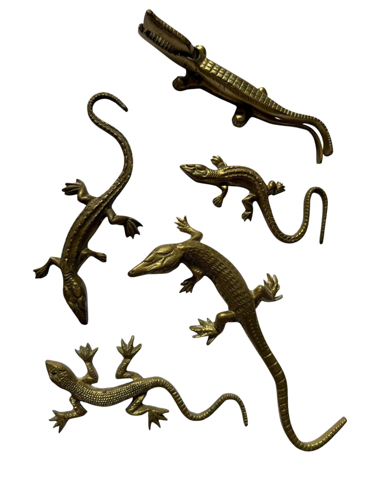 Vintage Gecko Lizard Salamander Figures – Set of 5 bronze / brass / copper display figurines - largest 21 cm - collector collectable items