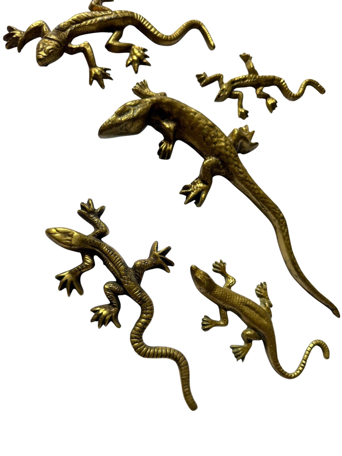 Vintage Gecko Lizard Salamander Figures – Set of 5 bronze / brass / copper display figurines - largest 21 cm - collector collectable items