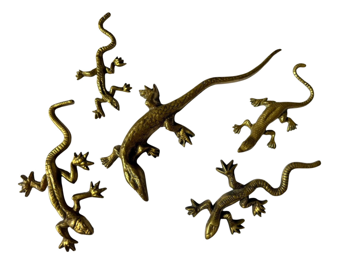 Vintage Gecko Lizard Salamander Figures – Set of 5 bronze / brass / copper display figurines - largest 21 cm - collector collectable items