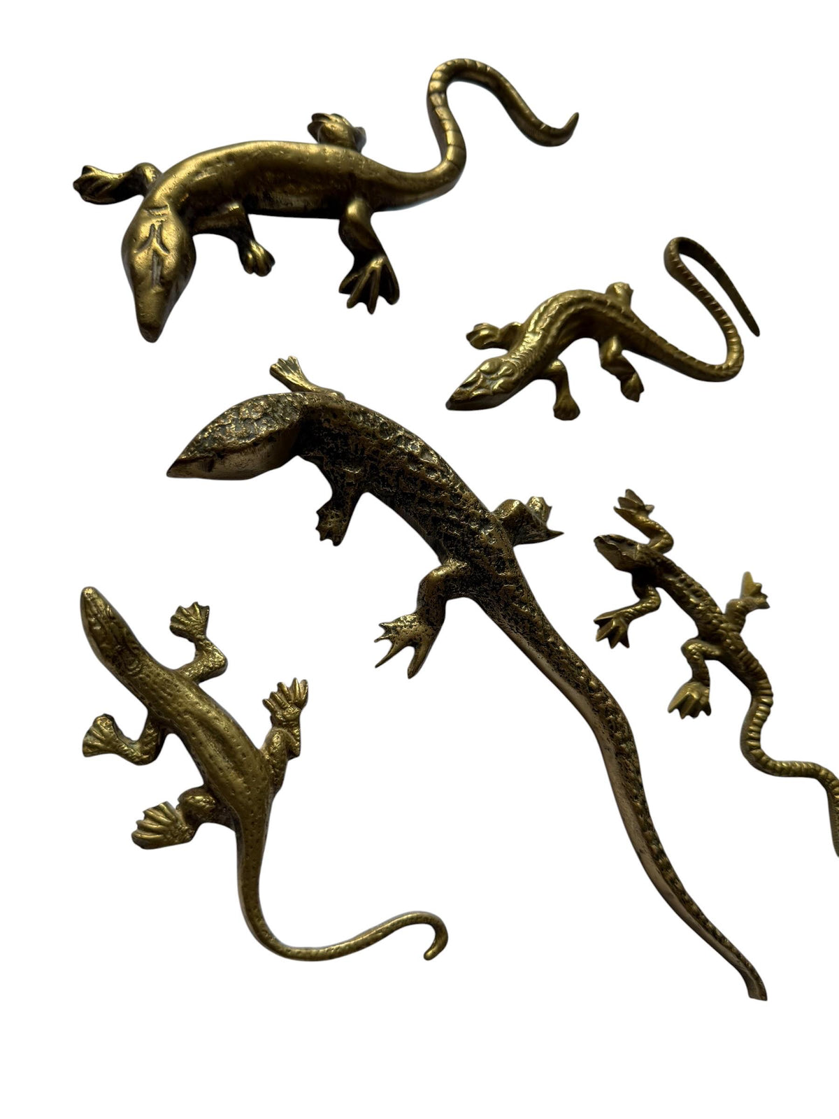 Vintage Gecko Lizard Salamander Figures – Set of 5 bronze / brass / copper display figurines - largest 21 cm - collector collectable items