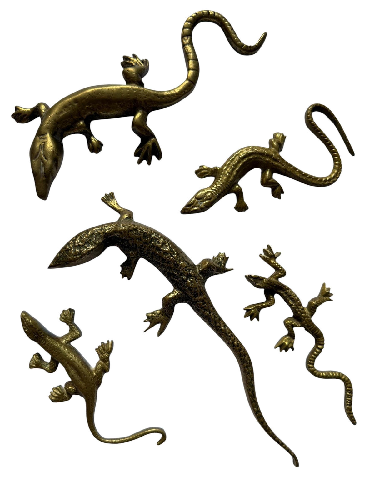 Vintage Gecko Lizard Salamander Figures – Set of 5 bronze / brass / copper display figurines - largest 21 cm - collector collectable items