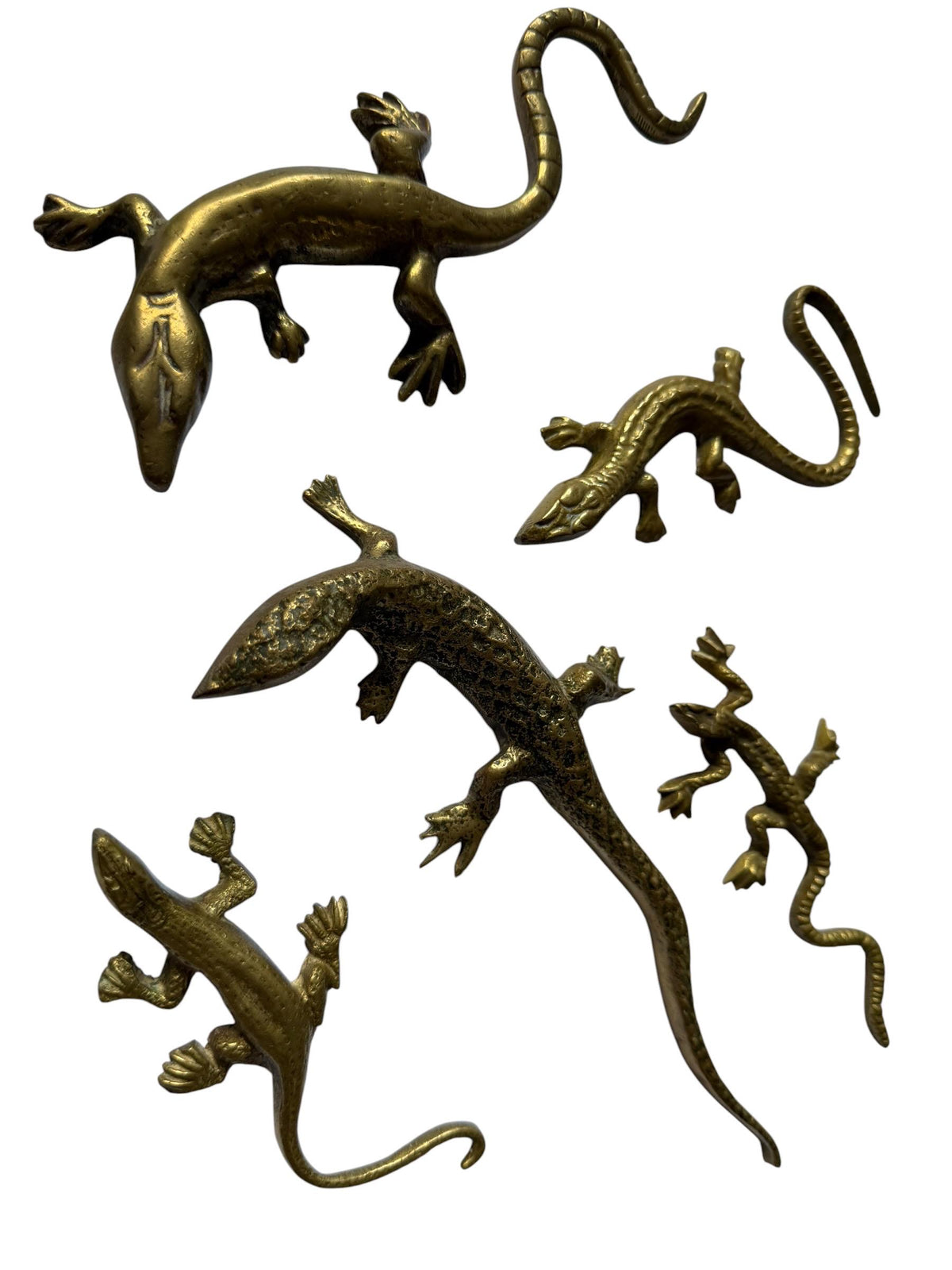 Vintage Gecko Lizard Salamander Figures – Set of 5 bronze / brass / copper display figurines - largest 21 cm - collector collectable items
