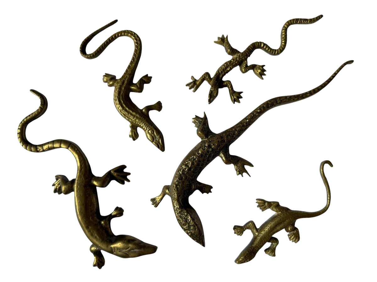 Vintage Gecko Lizard Salamander Figures – Set of 5 bronze / brass / copper display figurines - largest 21 cm - collector collectable items