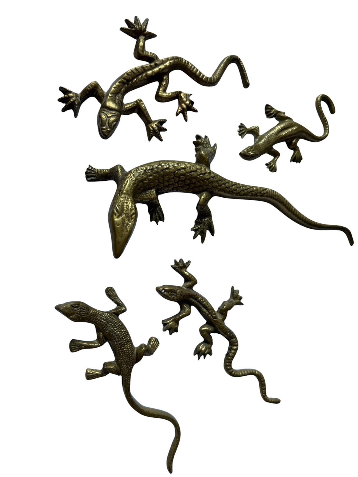 Vintage Gecko Lizard Salamander Figures – Set of 5 bronze / brass / copper display figurines - largest 21 cm - collector collectable items