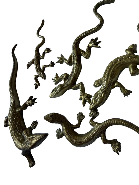 Vintage Gecko Lizard Salamander Figures – Set of 5 bronze / brass / copper display figurines - largest 21 cm - collector collectable items