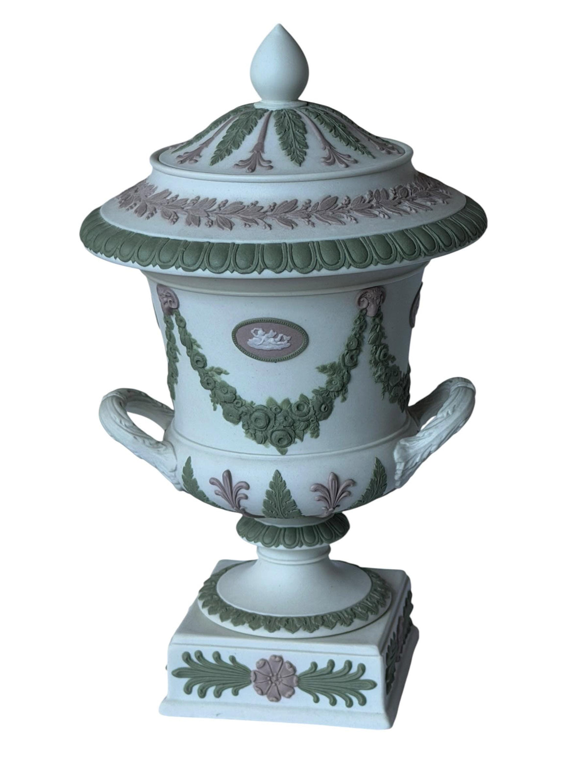 Wedgwood Tri-Color Jasperware lidded vase, Covered chestnut Vase, Sage Green Lilac White,  19th Century, rare exclusive mantel piece ca 1870