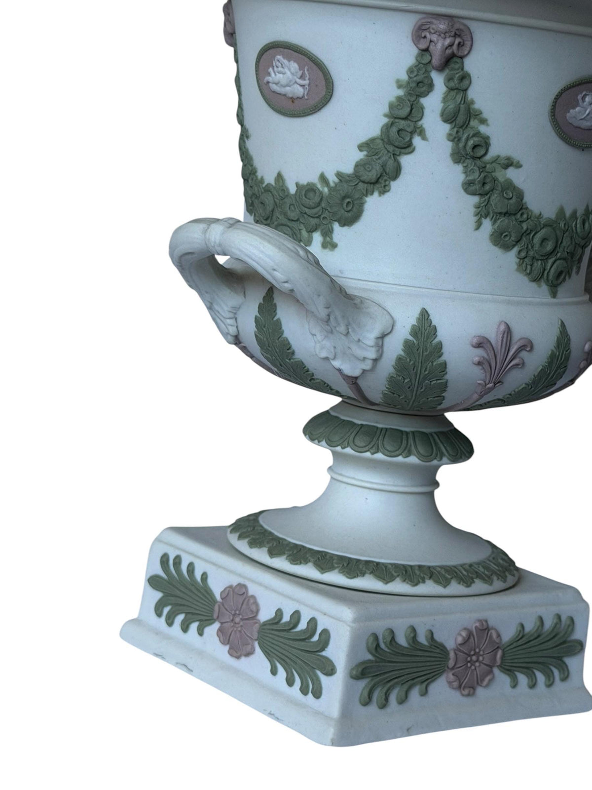 Wedgwood Tri-Color Jasperware lidded vase, Covered chestnut Vase, Sage Green Lilac White,  19th Century, rare exclusive mantel piece ca 1870