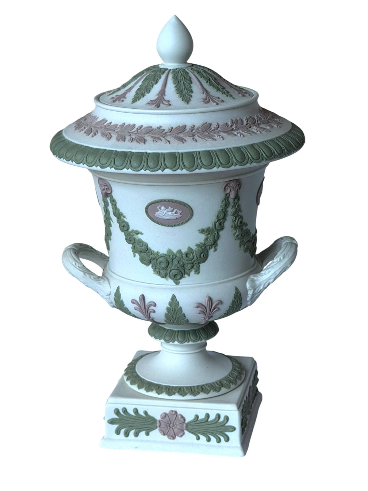 Wedgwood Tri-Color Jasperware lidded vase, Covered chestnut Vase, Sage Green Lilac White,  19th Century, rare exclusive mantel piece ca 1870