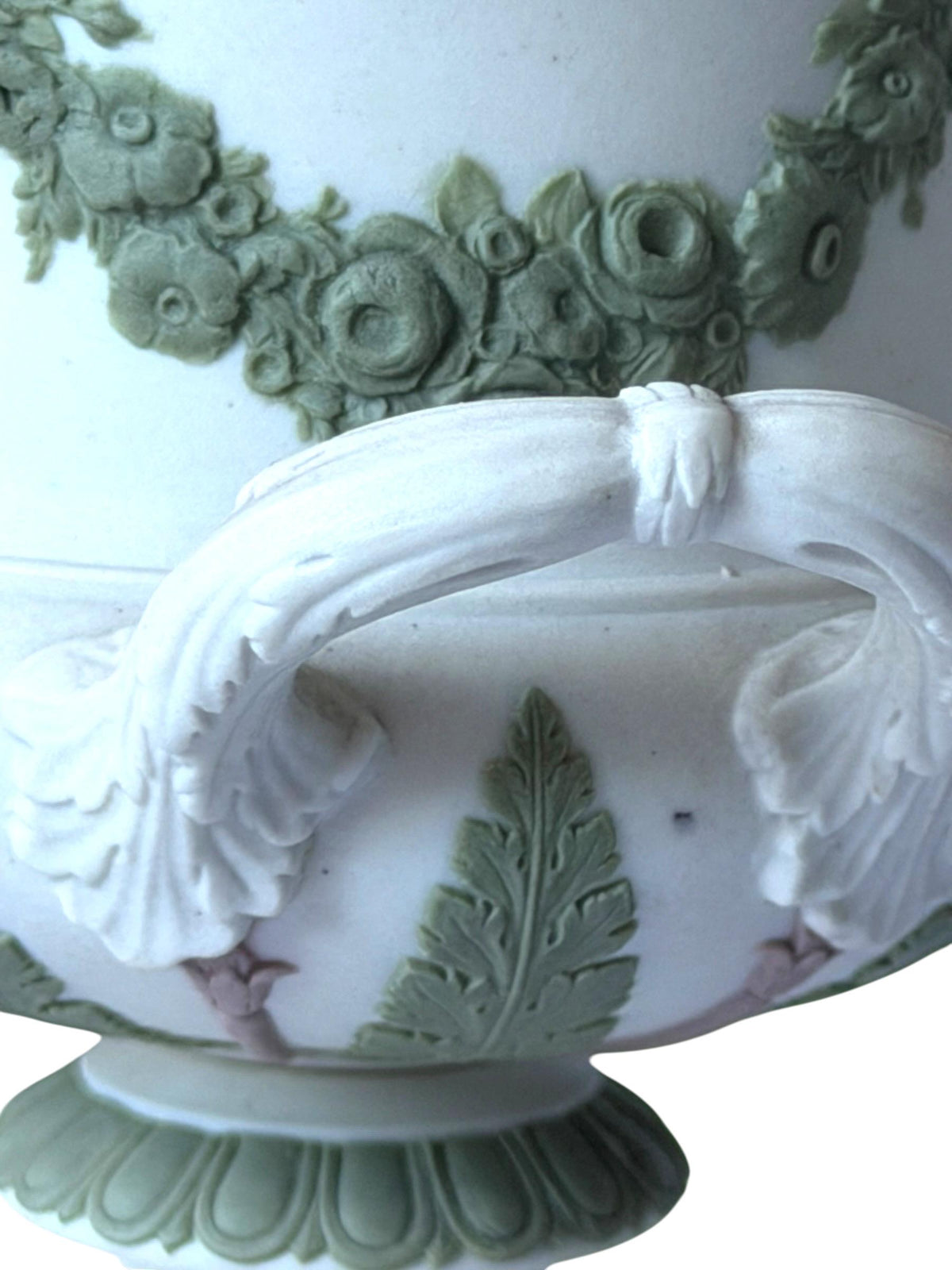 Wedgwood Tri-Color Jasperware lidded vase, Covered chestnut Vase, Sage Green Lilac White,  19th Century, rare exclusive mantel piece ca 1870