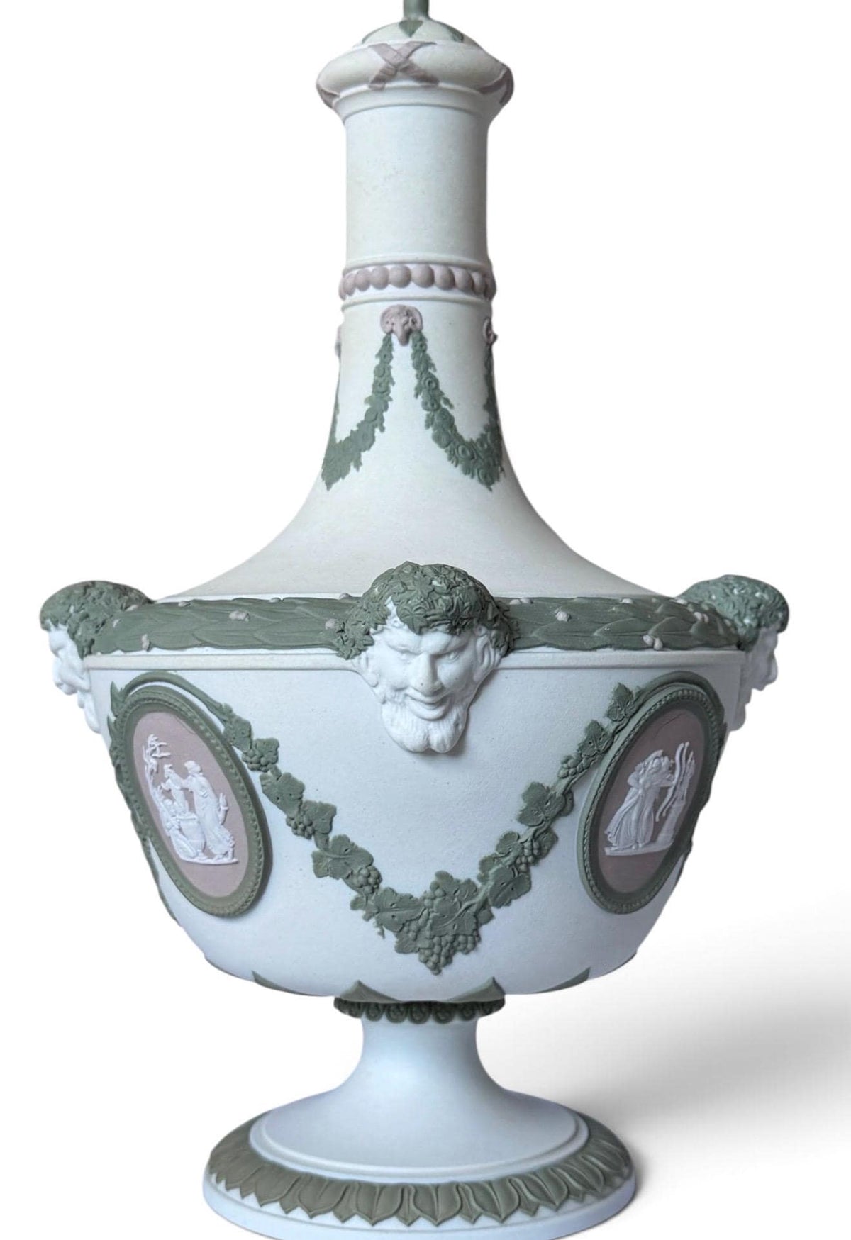 exclusive Wedgwood Tri-Color Jasperware Barber Bottle and Cover with Satyr Masks, Sage Green Lilac White, c. 1870 rare mantelpiece