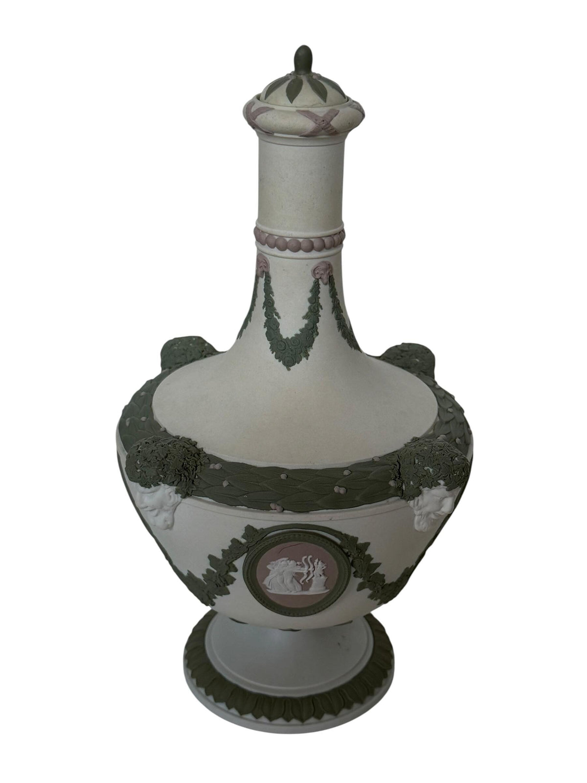 exclusive Wedgwood Tri-Color Jasperware Barber Bottle and Cover with Satyr Masks, Sage Green Lilac White, c. 1870 rare mantelpiece
