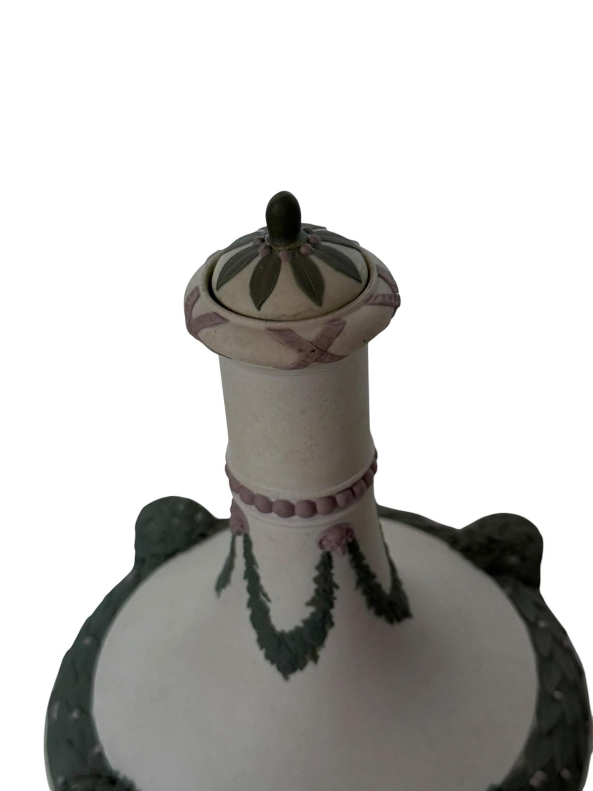 exclusive Wedgwood Tri-Color Jasperware Barber Bottle and Cover with Satyr Masks, Sage Green Lilac White, c. 1870 rare mantelpiece