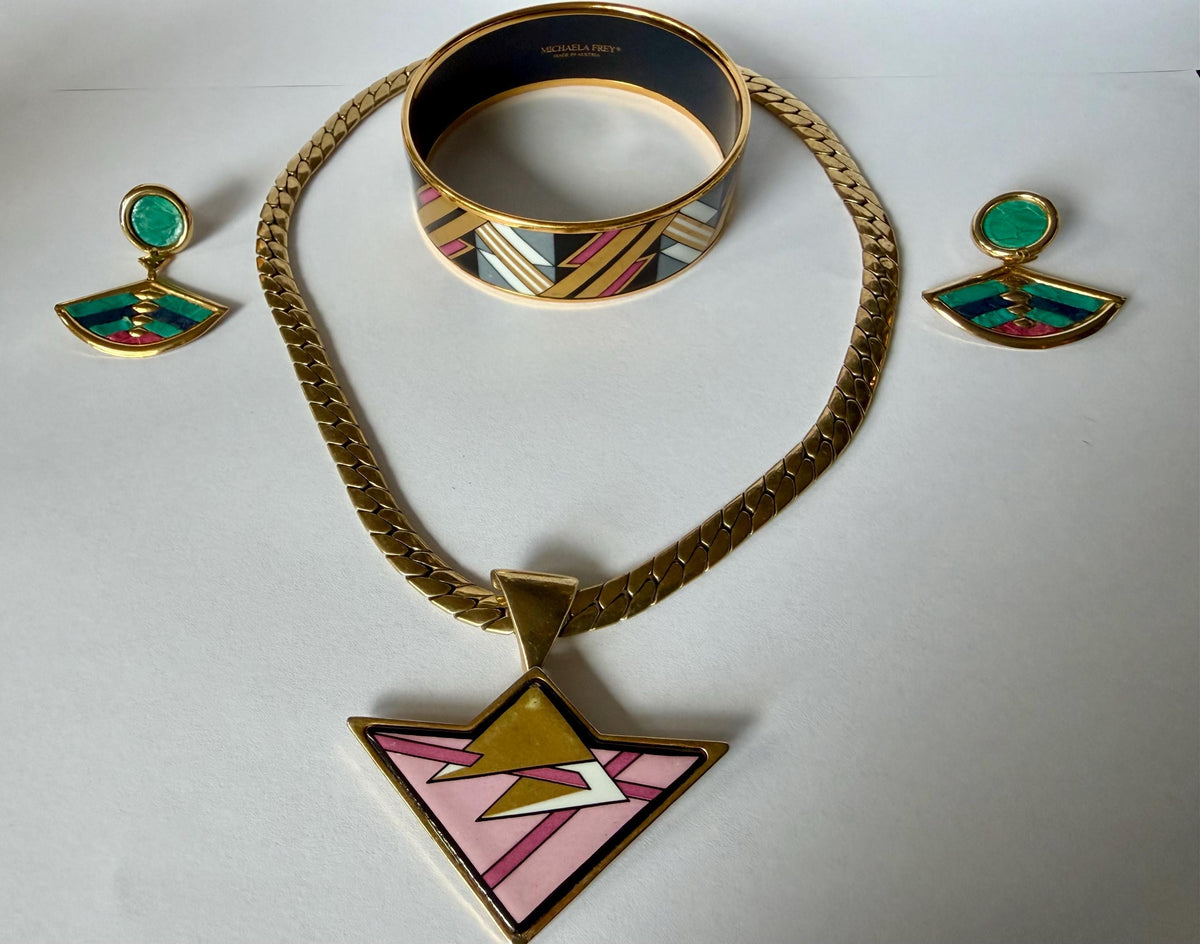 Michaela Frey Jewelry Set Necklace Bangle Earrings, Austrian Enamel, Art Deco Geometric, c. 1980’s geometrical Pop Art set