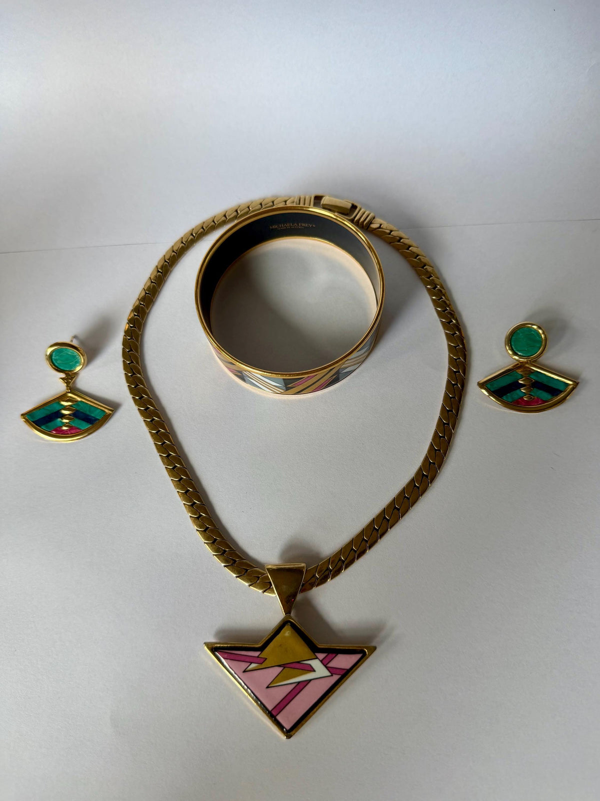 Michaela Frey Jewelry Set Necklace Bangle Earrings, Austrian Enamel, Art Deco Geometric, c. 1980’s geometrical Pop Art set