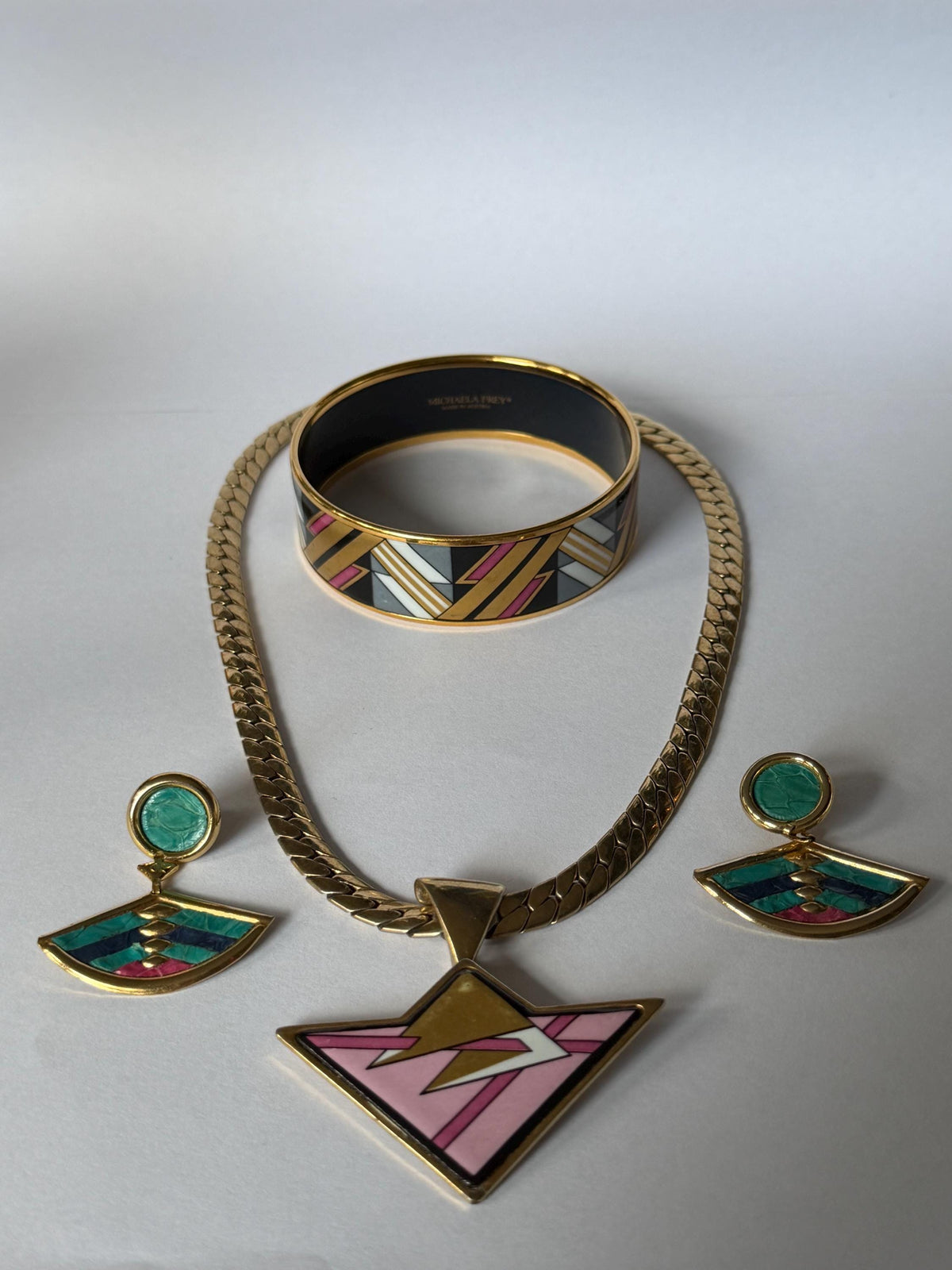 Michaela Frey Jewelry Set Necklace Bangle Earrings, Austrian Enamel, Art Deco Geometric, c. 1980’s geometrical Pop Art set