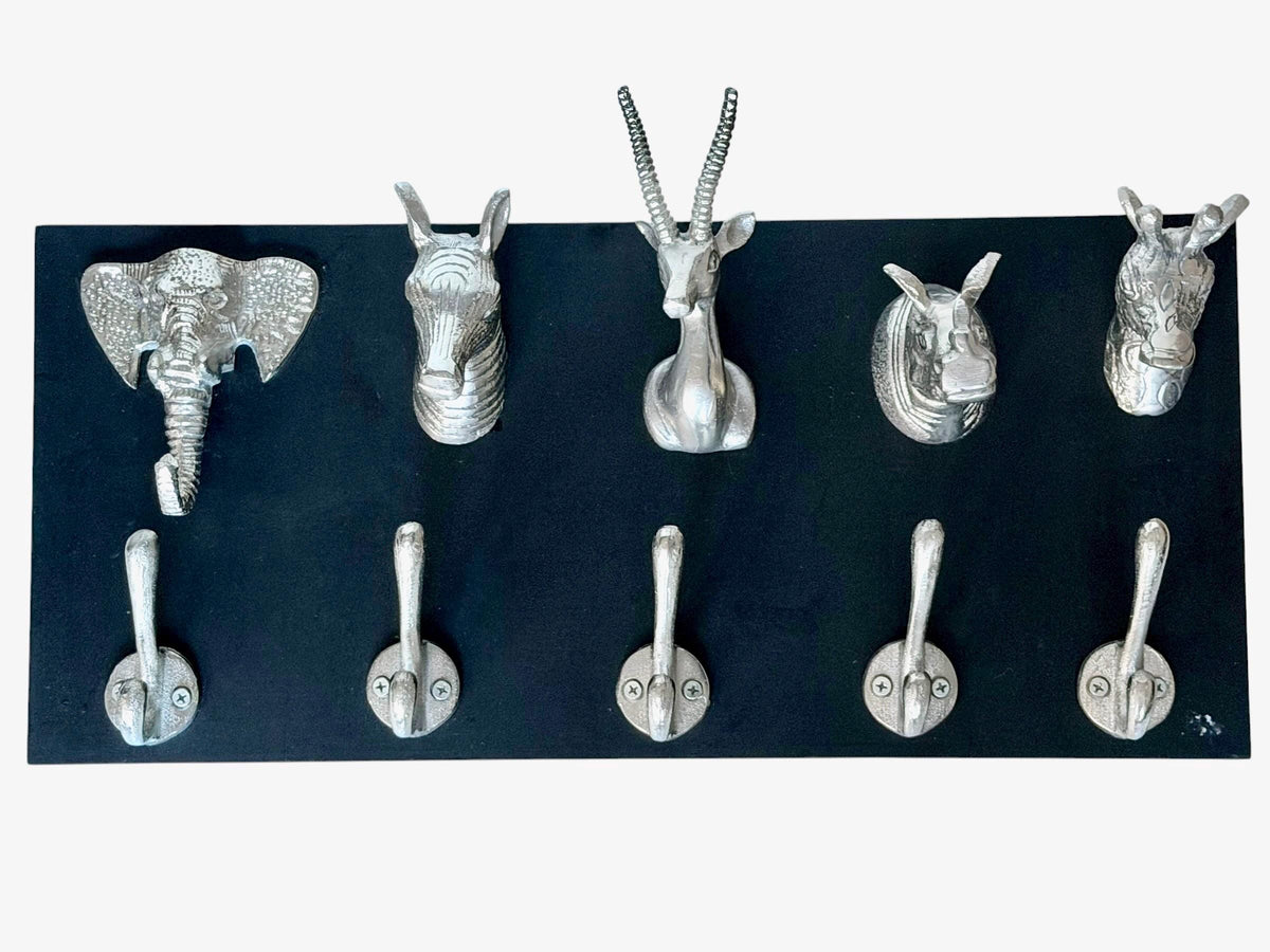 Safari Animal Wall Coat Rack, Elephant Zebra Giraffe Rhino Antelope, Black Silver, vintage kapstok
