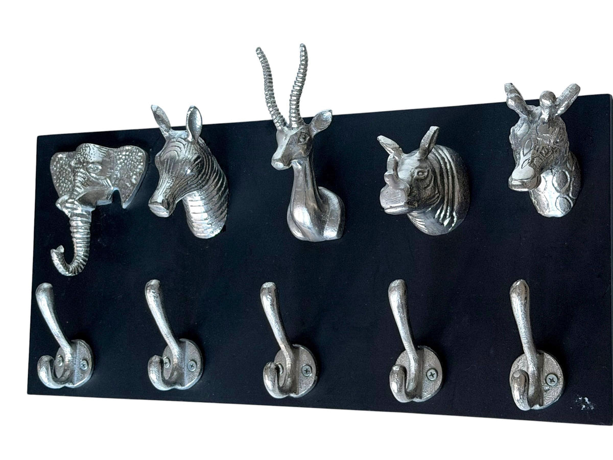 Safari Animal Wall Coat Rack, Elephant Zebra Giraffe Rhino Antelope, Black Silver, vintage kapstok