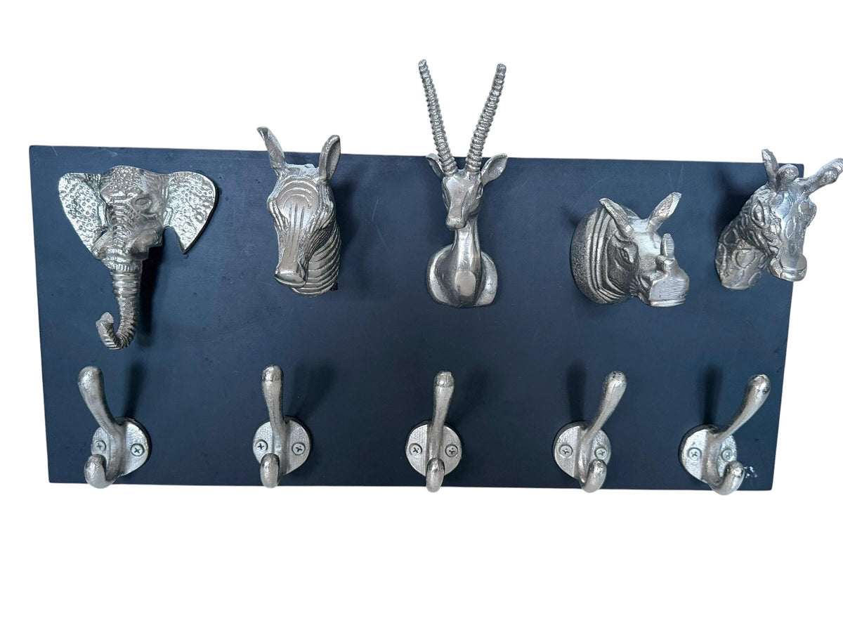 Safari Animal Wall Coat Rack, Elephant Zebra Giraffe Rhino Antelope, Black Silver, vintage kapstok