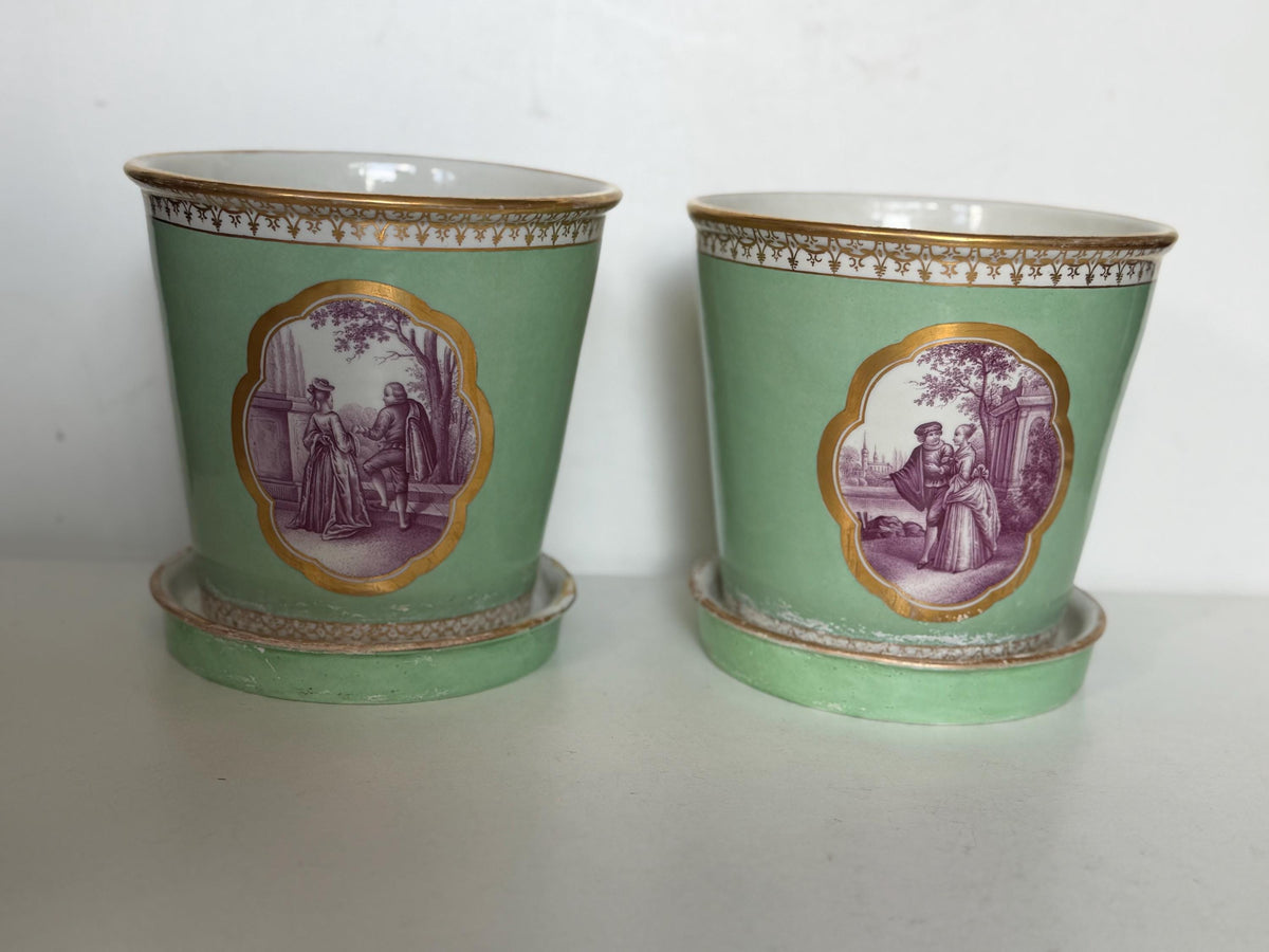 Meissen Porcelain Pair of antique Cachepots Jardinières with Saucers, Watteau Scenes, 19th Century planters