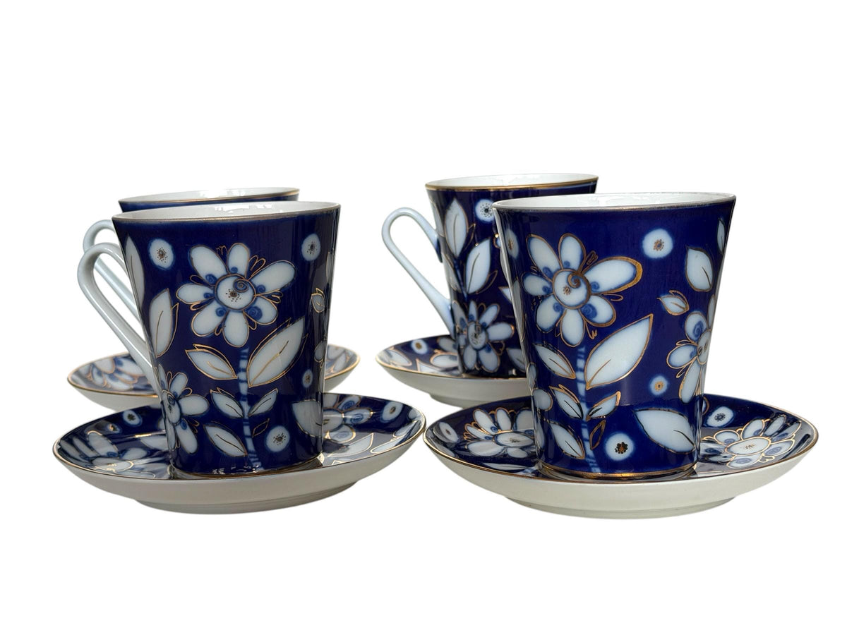 A set of 4 Vintage Lomonosov Large Cup and Saucer Cobalt Blue White Flowers 22K Gold porcelain, chocolate, tea cup xl tableware