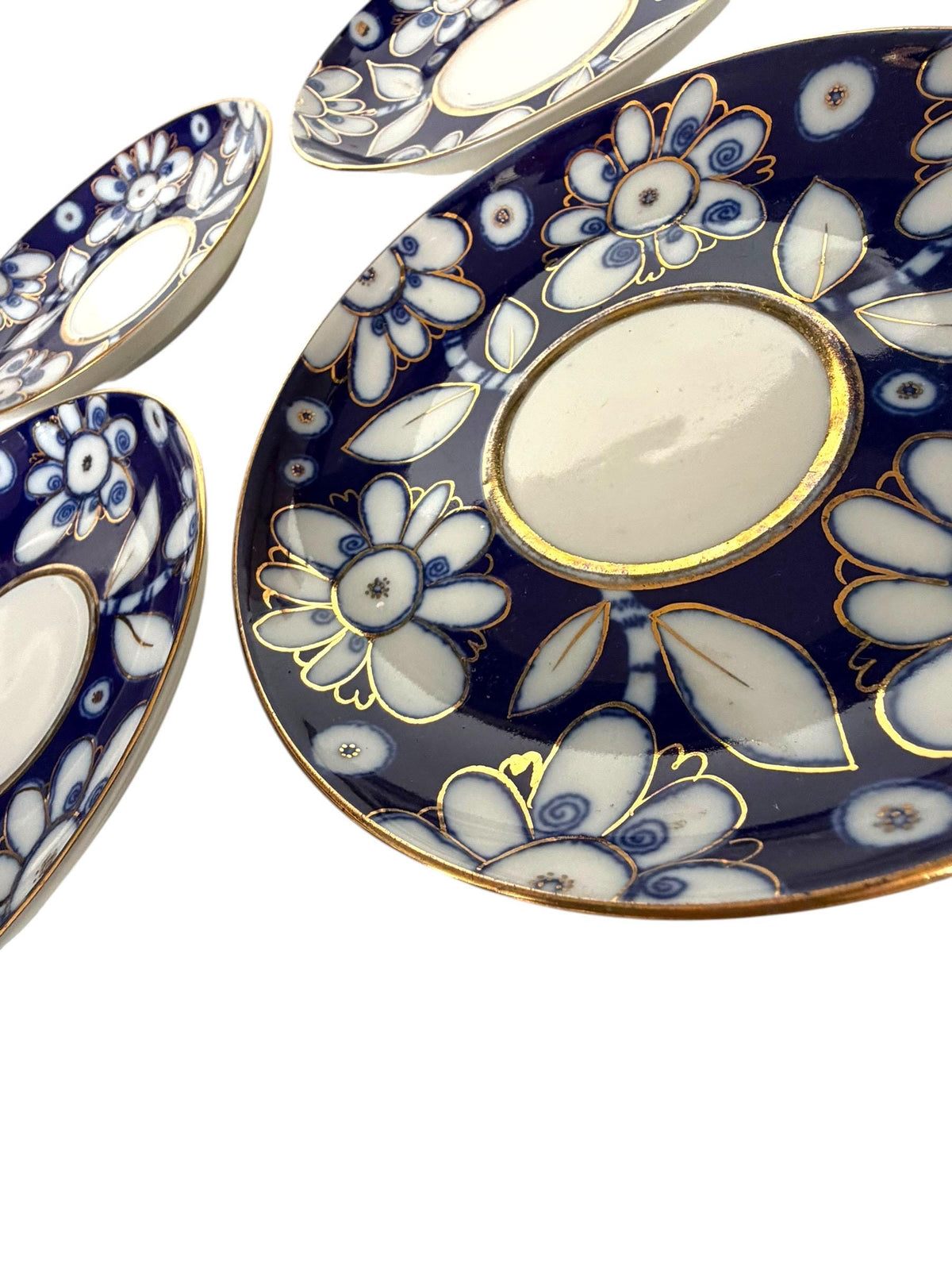 A set of 4 Vintage Lomonosov Large Cup and Saucer Cobalt Blue White Flowers 22K Gold porcelain, chocolate, tea cup xl tableware