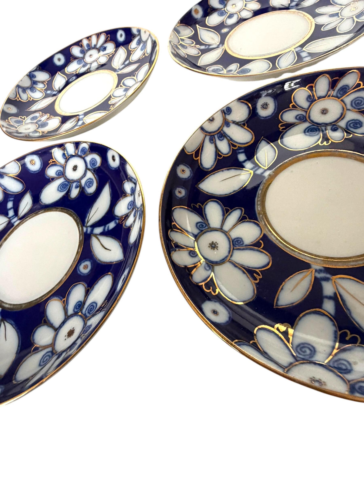 A set of 4 Vintage Lomonosov Large Cup and Saucer Cobalt Blue White Flowers 22K Gold porcelain, chocolate, tea cup xl tableware
