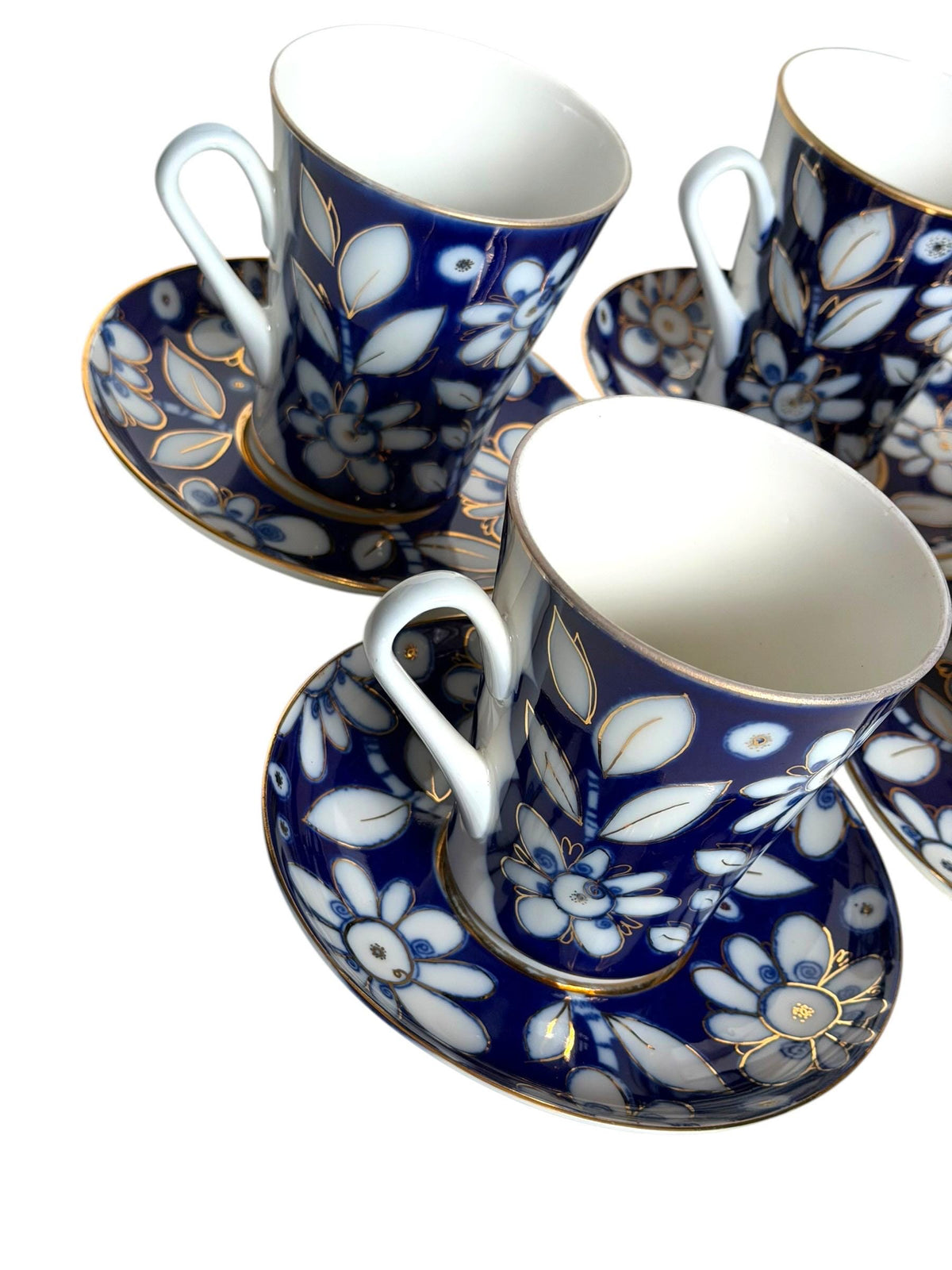 A set of 4 Vintage Lomonosov Large Cup and Saucer Cobalt Blue White Flowers 22K Gold porcelain, chocolate, tea cup xl tableware