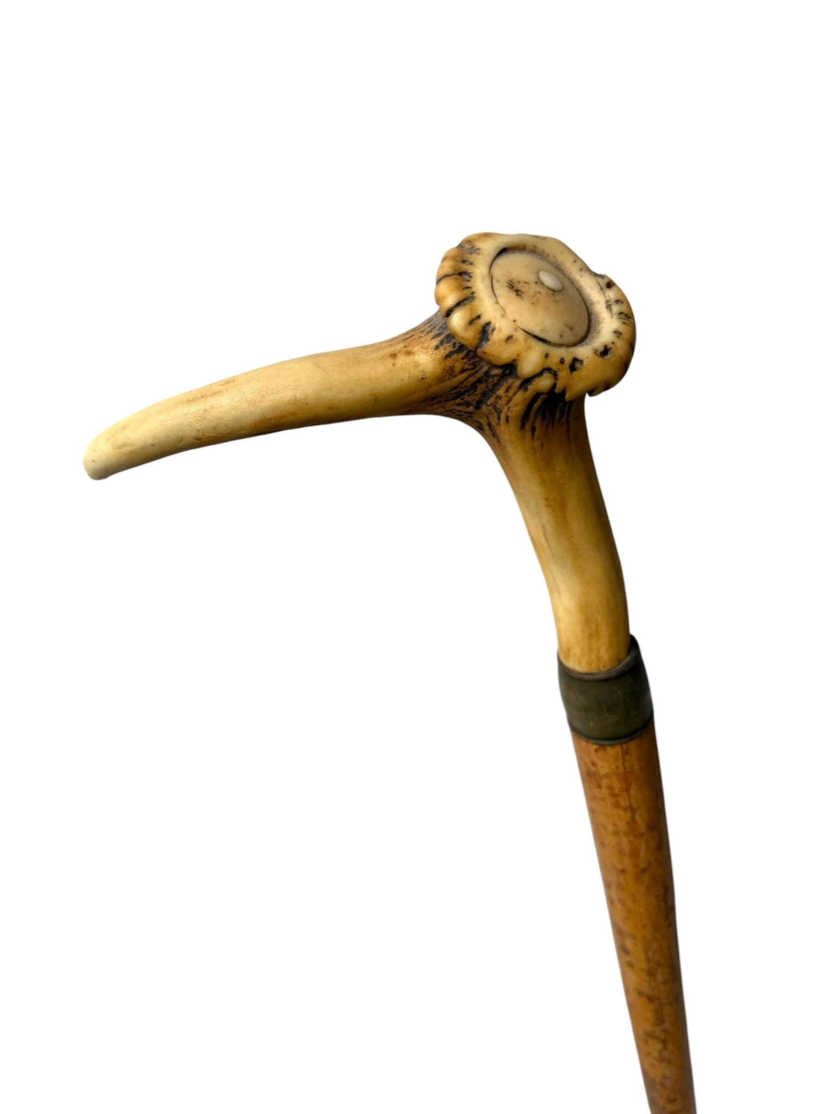 antique cane Bavarian walking stick with deer antlers, european collection, flannel stick.