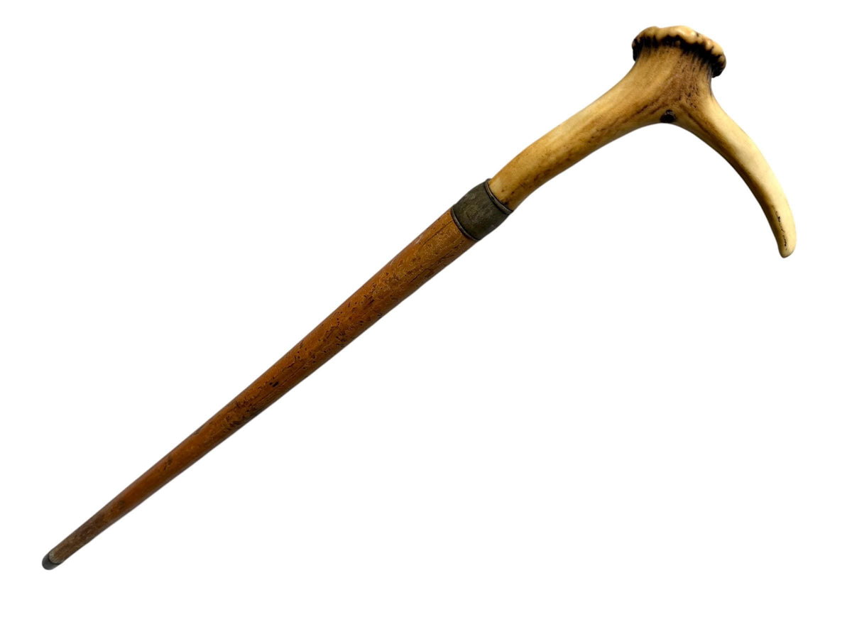 antique cane Bavarian walking stick with deer antlers, european collection, flannel stick.
