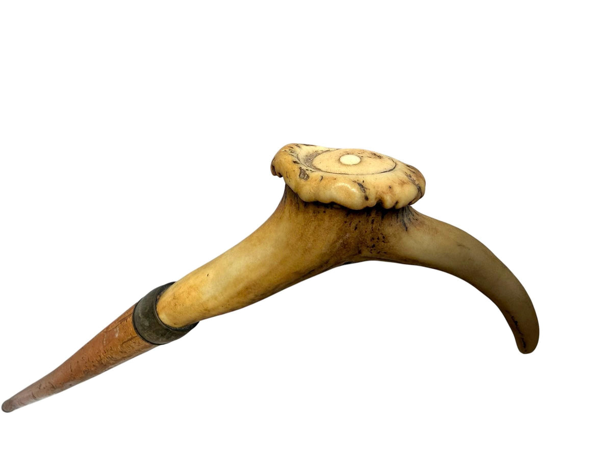 antique cane Bavarian walking stick with deer antlers, european collection, flannel stick.