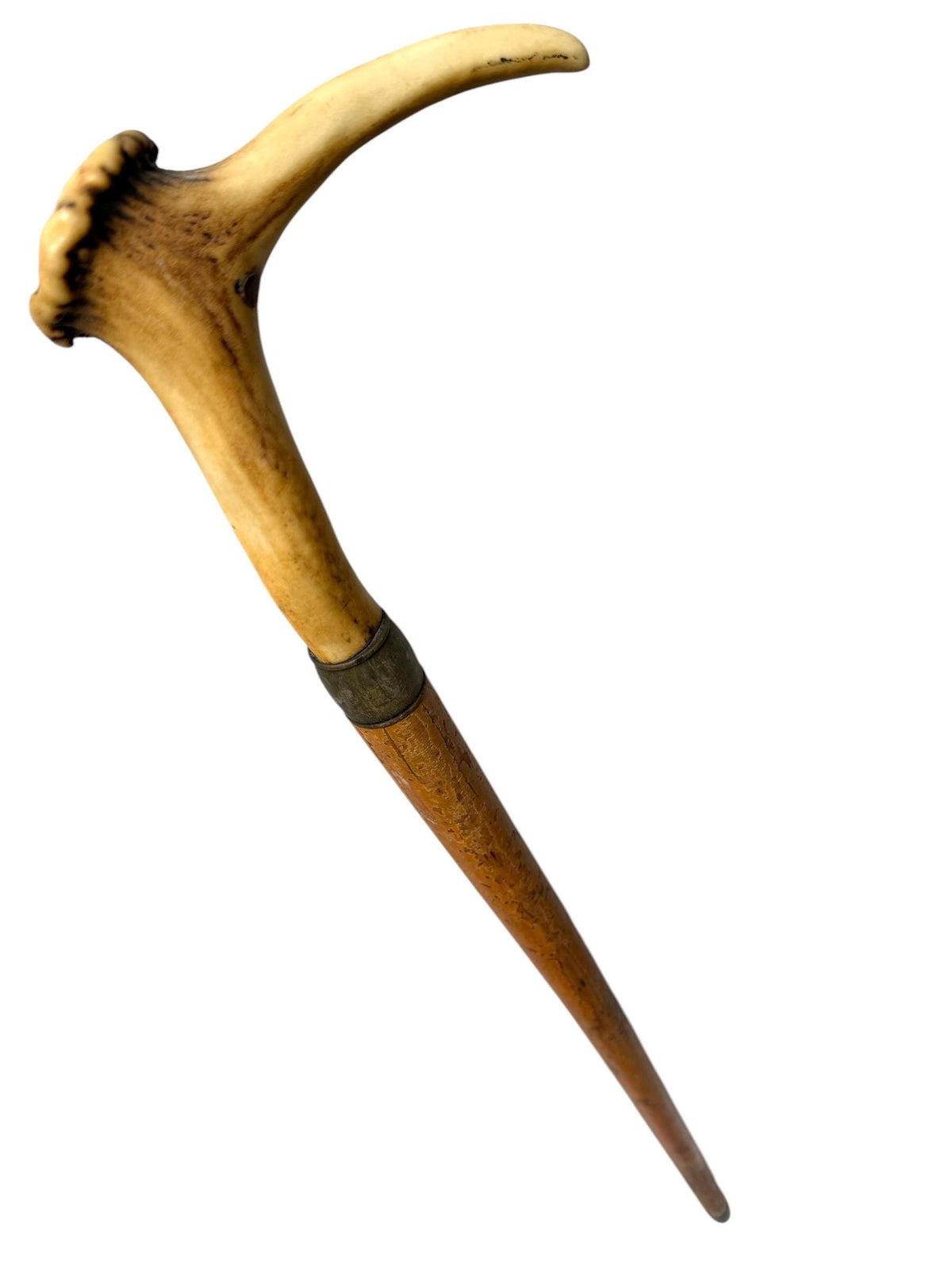 antique cane Bavarian walking stick with deer antlers, european collection, flannel stick.