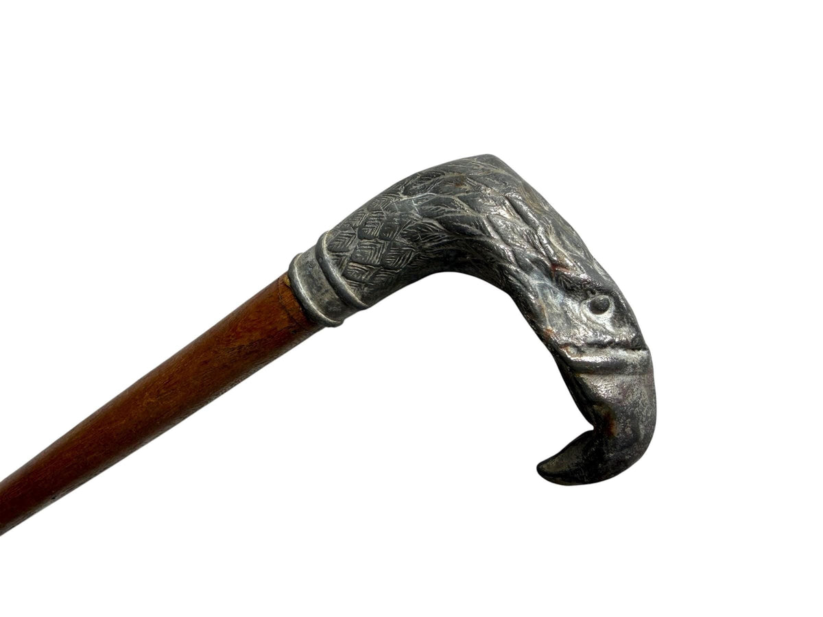 antique walking cane stick with  silvered eagle, european collection, gentlemen's flannel stick