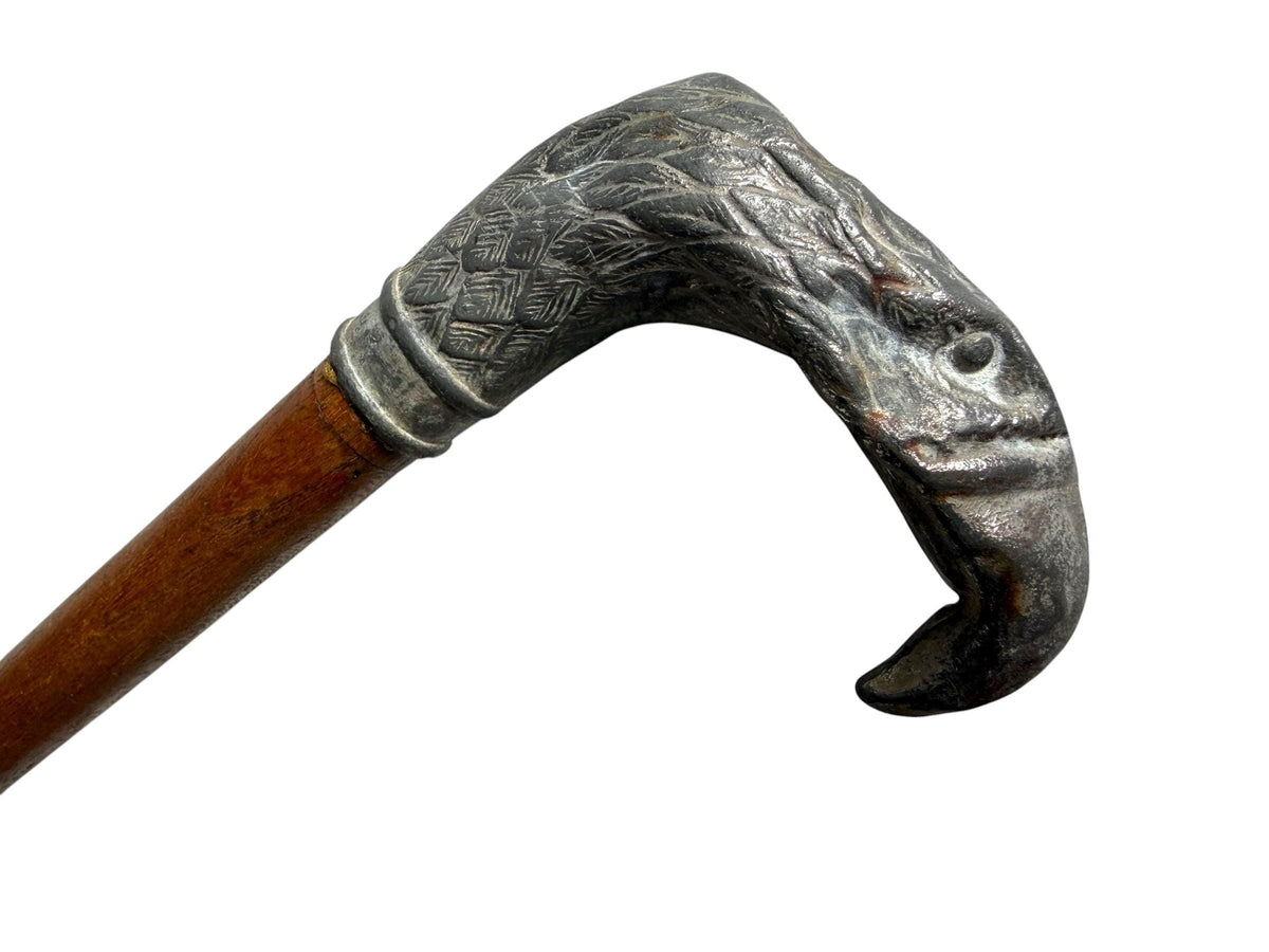 antique walking cane stick with  silvered eagle, european collection, gentlemen's flannel stick