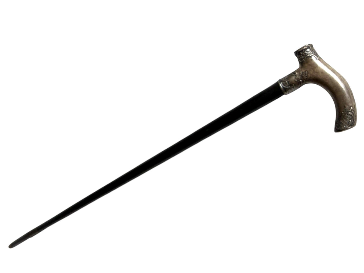 antique walking cane stick with  silver, marked, european collection, gentlemen's flannel stick