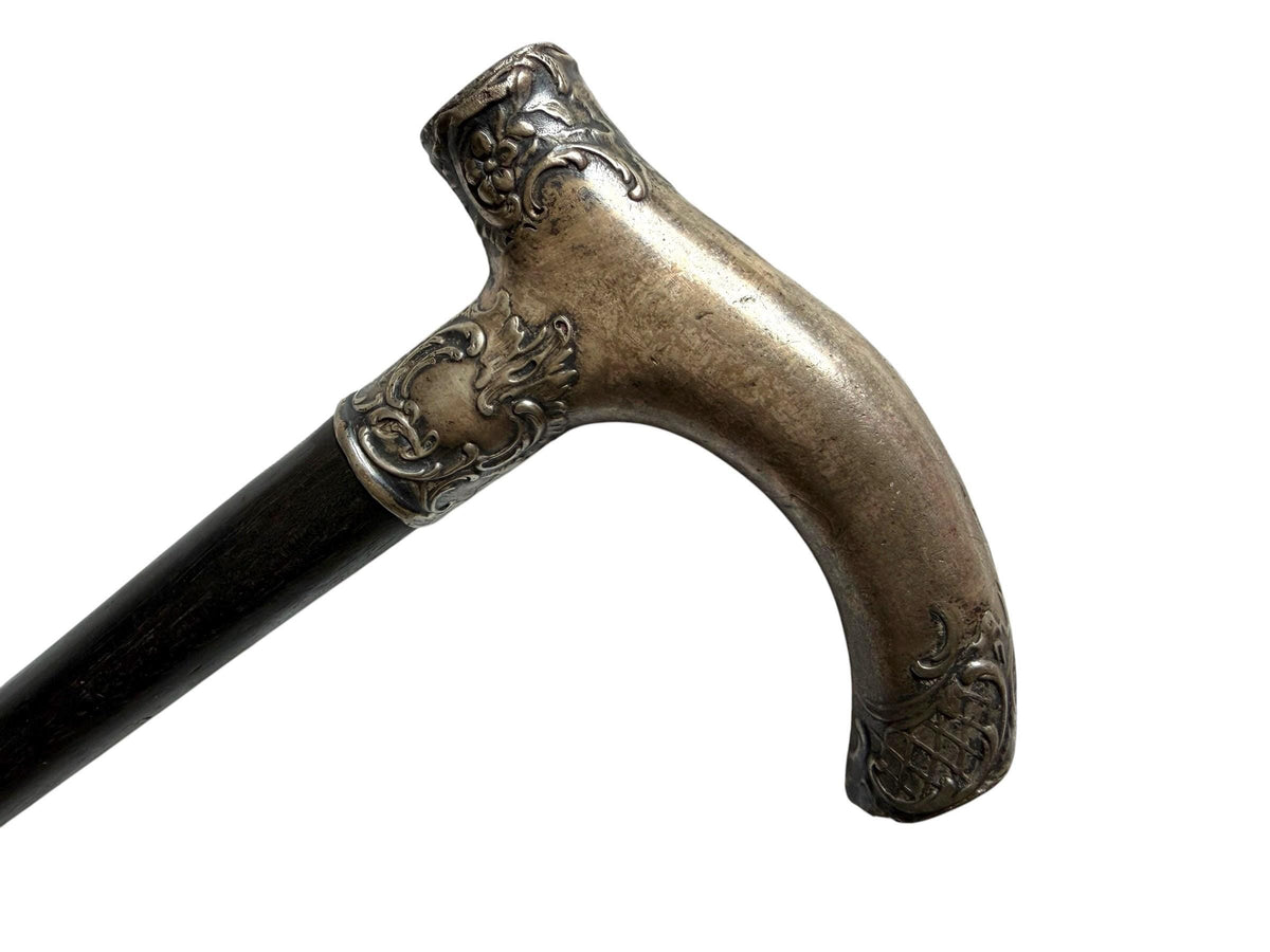 antique walking cane stick with  silver, marked, european collection, gentlemen's flannel stick