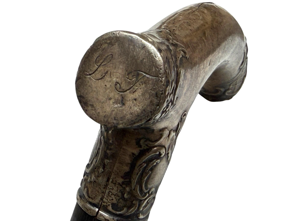 antique walking cane stick with  silver, marked, european collection, gentlemen's flannel stick