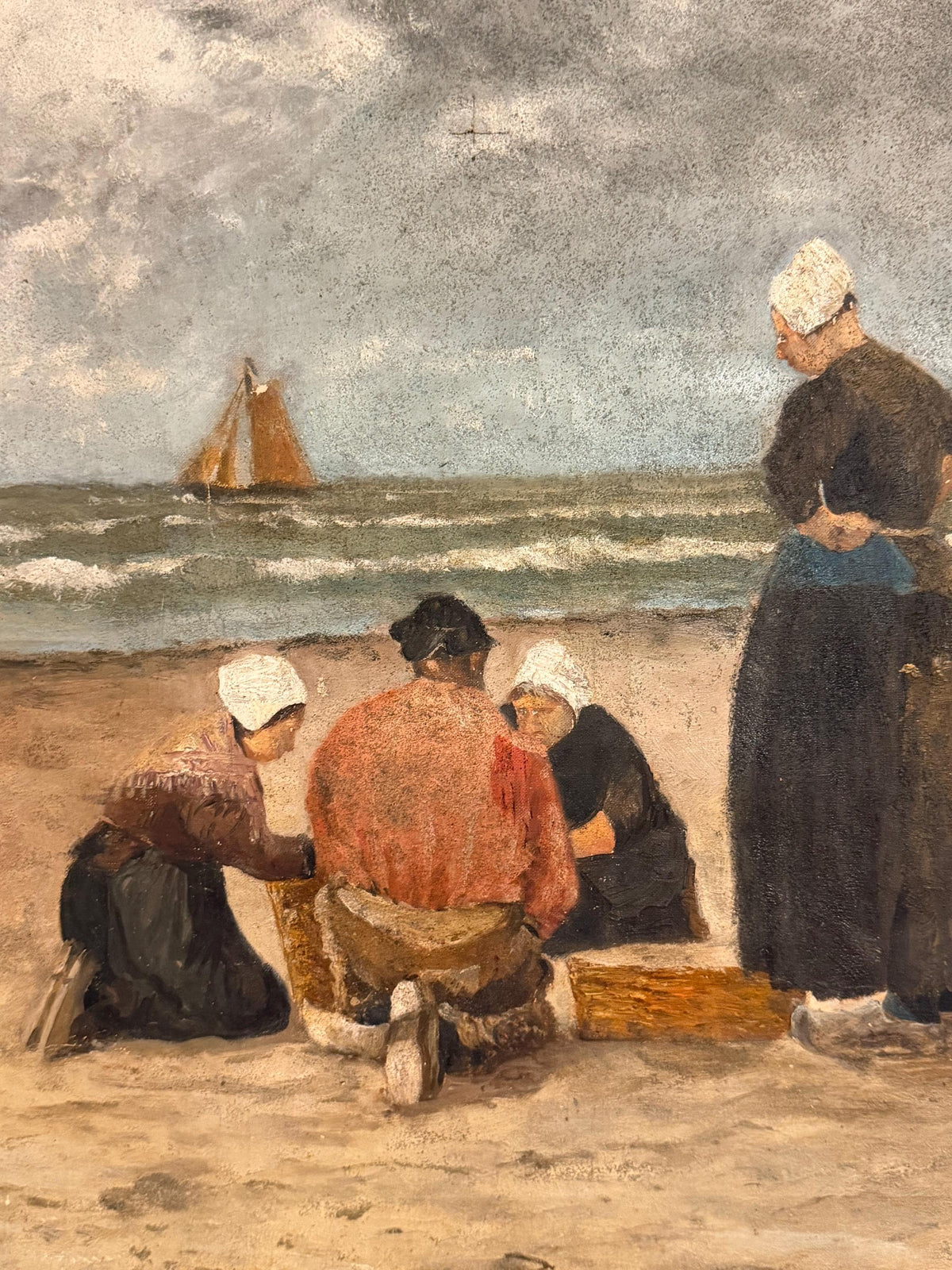 Dutch Hague School Coastal Oil Painting ca 1860-1900 – Fisherwomen on the Beach, Marouflé, 50 x 40 cm