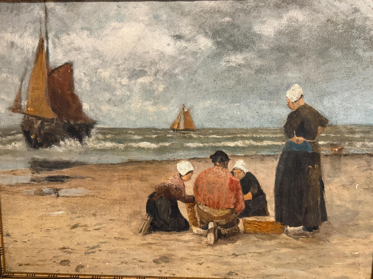 Dutch Hague School Coastal Oil Painting ca 1860-1900 – Fisherwomen on the Beach, Marouflé, 50 x 40 cm
