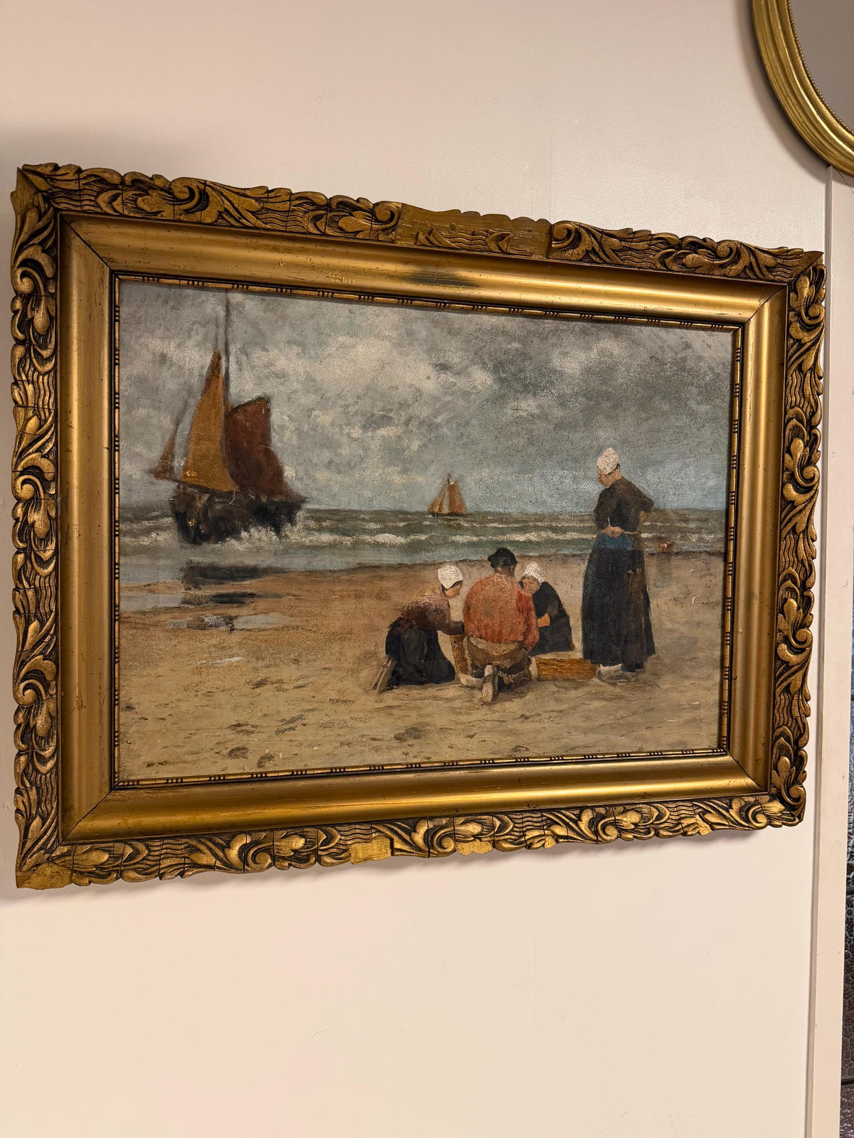 Dutch Hague School Coastal Oil Painting ca 1860-1900 – Fisherwomen on the Beach, Marouflé, 50 x 40 cm