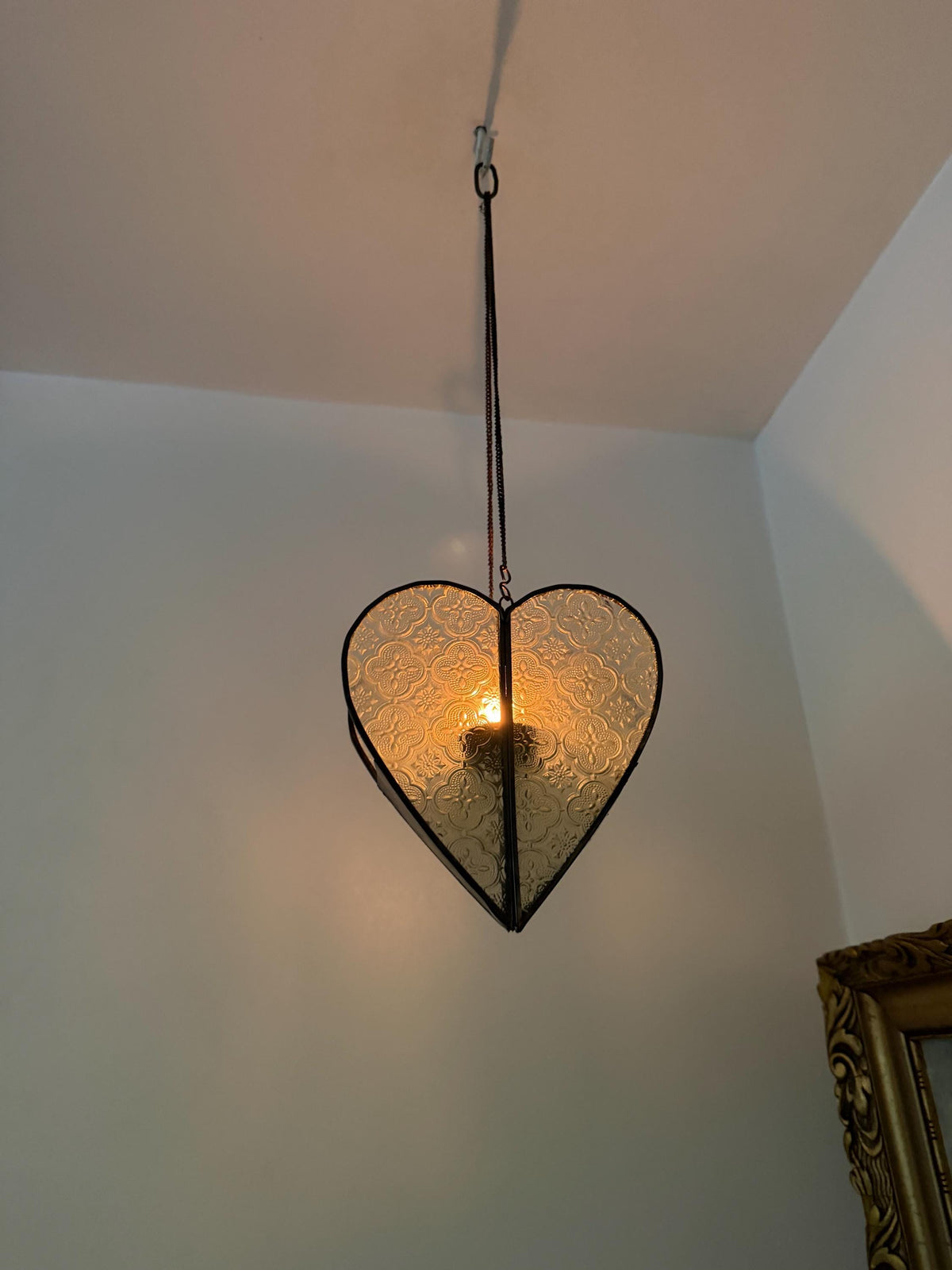 Heart Shaped oriental Hanging  Candle Lantern Pressed Glass Metal Romantic Pendant Candle Holder