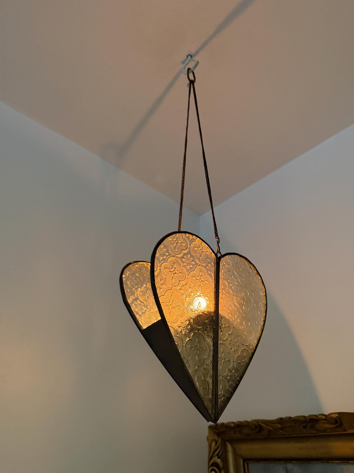 Heart Shaped oriental Hanging  Candle Lantern Pressed Glass Metal Romantic Pendant Candle Holder